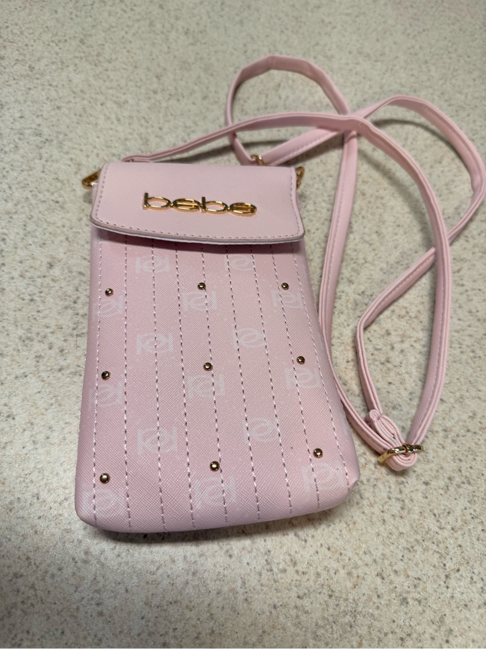 bebe Blush Pink Crossbody Phone Pouch with Gold Logo